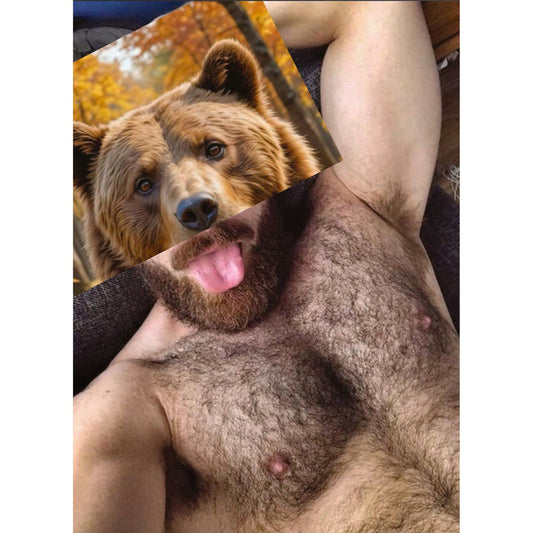 Queer collage postcard by Naro Pinosa overlapping a brown bear in autumn woods with a hairy male torso and bearded face with tongue extended.