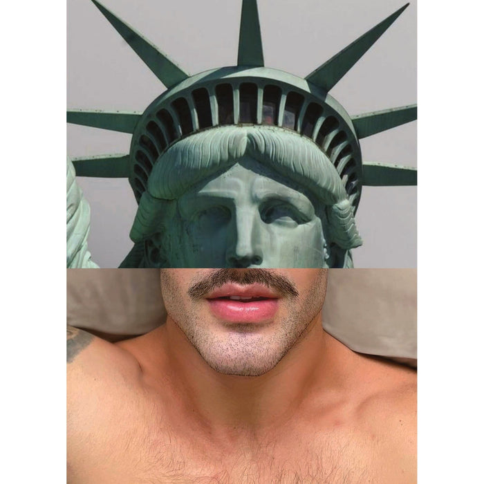 Queer art collage postcard by Naro Pinosa combining the face of the Statue of Liberty with a man's lower face featuring a mustache and pink glossy lips.