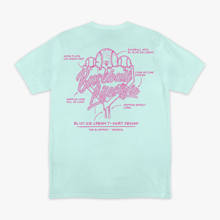 Light blue t-shirt with pink Ice cream graphic design and "Baseball Lifestyle" log on a white background