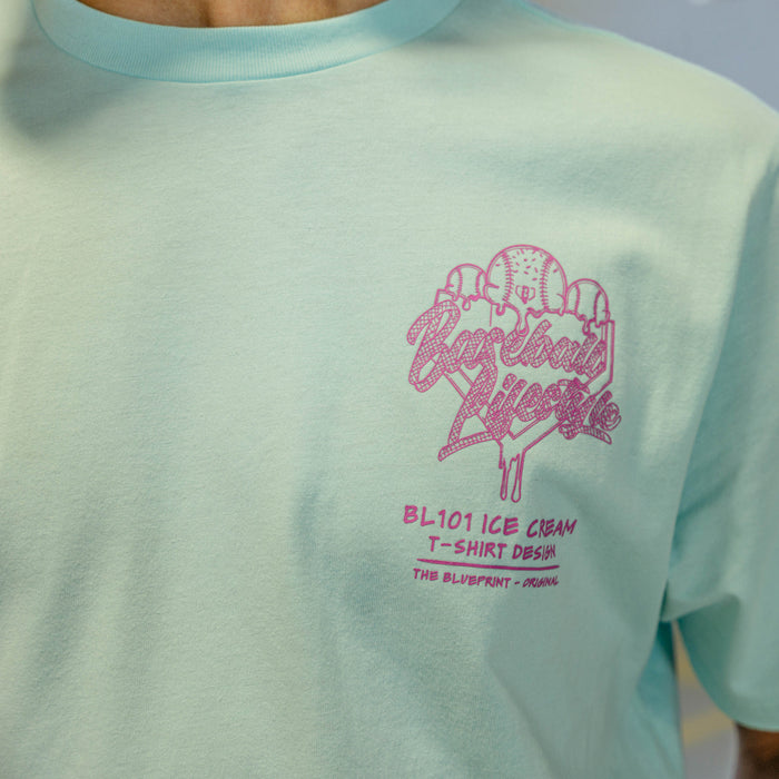 Light blue t-shirt with pink ice cream graphic and "Baseball Lifestyle 101" logo