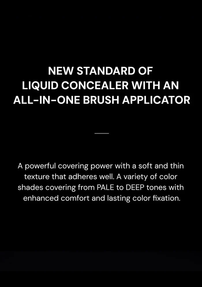 Advertisement for a new liquid concealer with an all-in-one brush applicator on a black background.