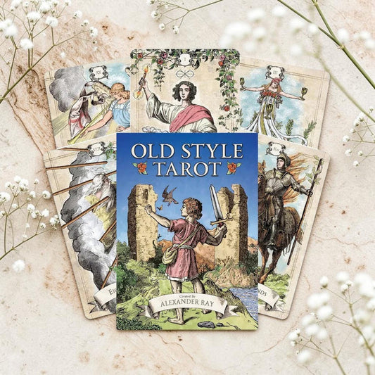 Old Style Tarot cards with a book titled 'Old Style Tarot' by Alexander Ray on a light background.