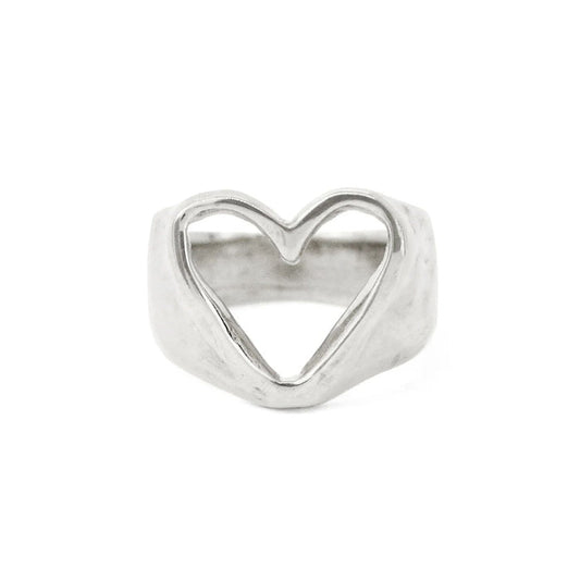 Silver open-heart ring, size 6, polished metal band with raised heart cutout