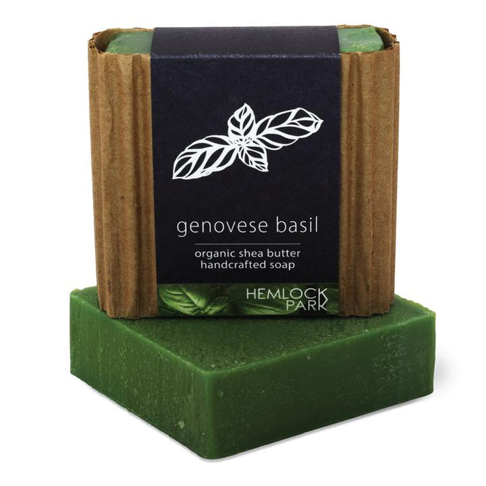 Organic shea butter soap, genovese basil, green bar with kraft wrap and label.