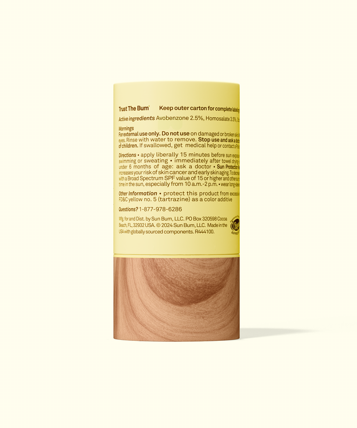 Back view of Sun Bum Original Face and Body Stick 40 sunscreen with ingredient and usage information.