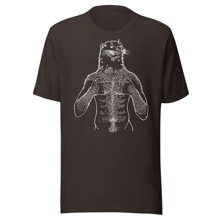 A dark brown short-sleeve crewneck t-shirt featuring a white line art graphic of an otter superimposed on a human figure, shown against a plain white background.