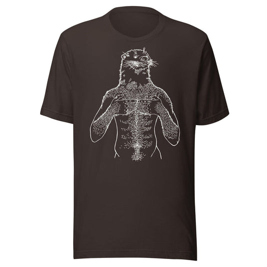 A dark brown short-sleeve crewneck t-shirt featuring a white line art graphic of an otter superimposed on a human figure, shown against a plain white background.