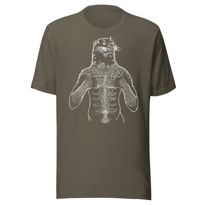 An olive brown short-sleeve crewneck t-shirt featuring a white line art graphic of an otter with a human torso and skeletal chest details, displayed on a solid white background.