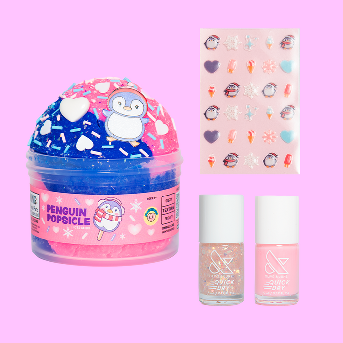 Paint & Play Slime + Nail Set with Penguin Popsicle slime, two quick dry polishes, and winter-themed nail art stickers