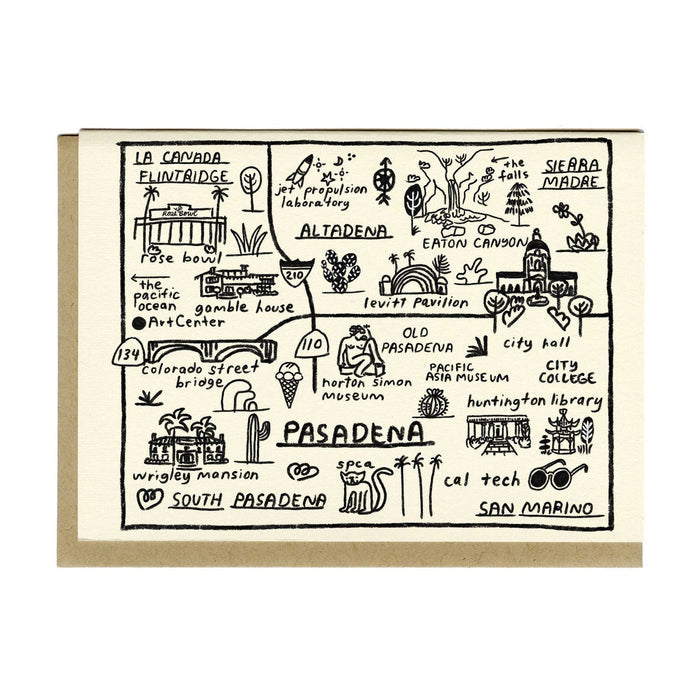 Pasadena map greeting card with hand-drawn black line landmarks and streets on cream background