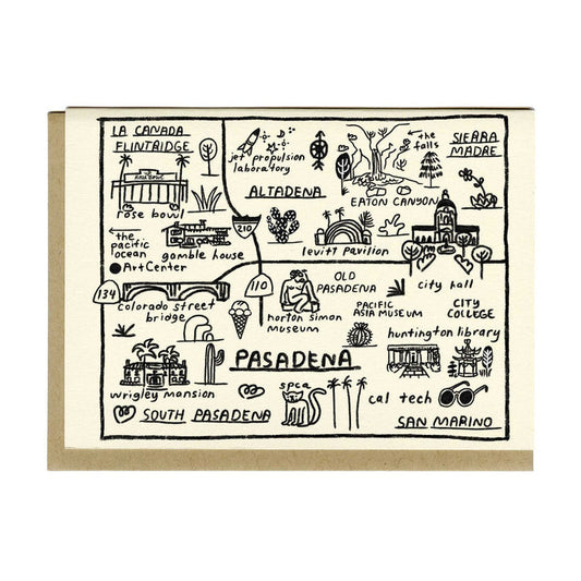 Pasadena map greeting card with hand-drawn black line landmarks and streets on cream background