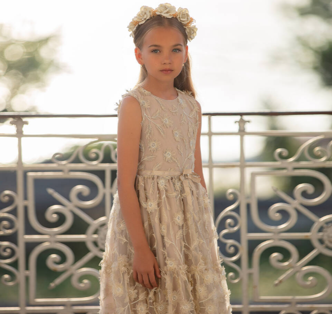 PATACHOU Girls Gold Floral Tulle Dress