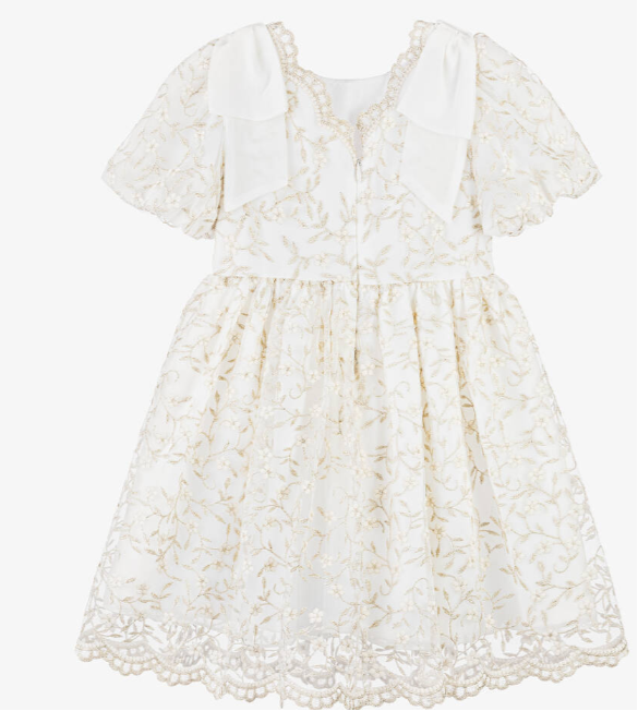 PATACHOU Girls Ivory & Gold Embroidered Tulle Dress