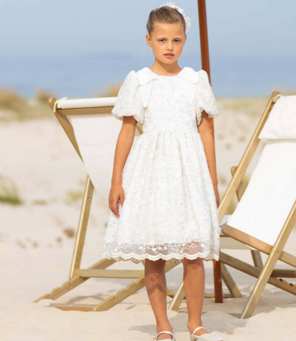 PATACHOU Girls Ivory & Gold Embroidered Tulle Dress