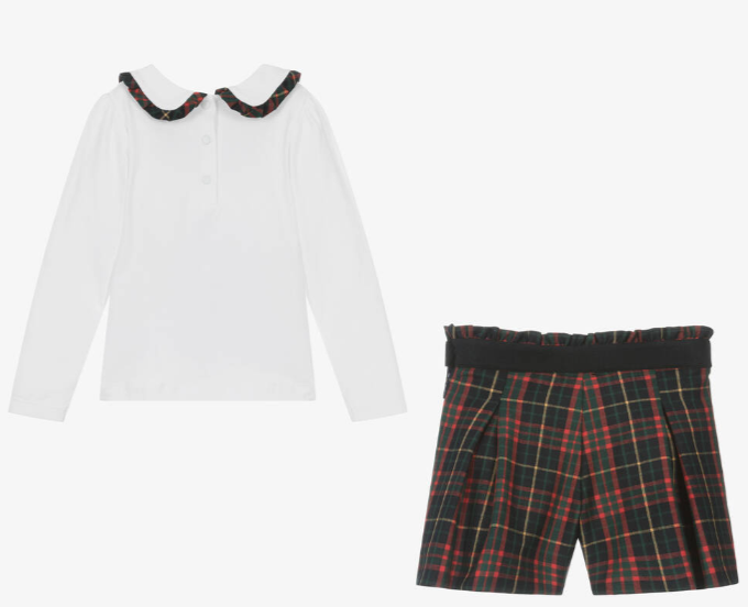 PATACHOU Girls Navy Blue Tartan Cotton Shorts Set