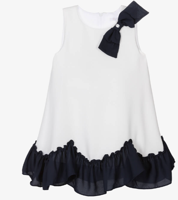 PATACHOU Girls White & Navy Blue Chiffon Bow Dress