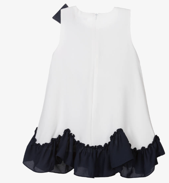 PATACHOU Girls White & Navy Blue Chiffon Bow Dress