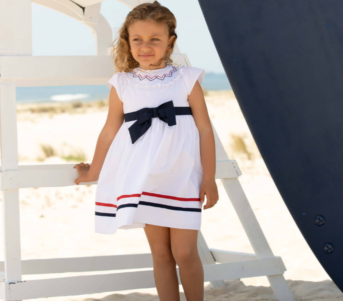 PATACHOU Girls White & Navy Blue Cotton Dress