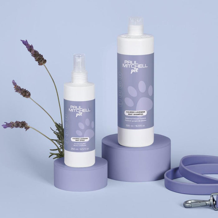 Calming Lavender Mint Shampoo (Pet) Product display on purple background