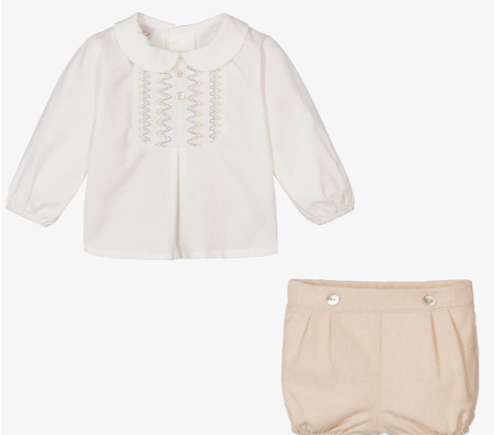 PAZ RODRIGUEZ Boys Ivory & Beige Cotton Shorts Set