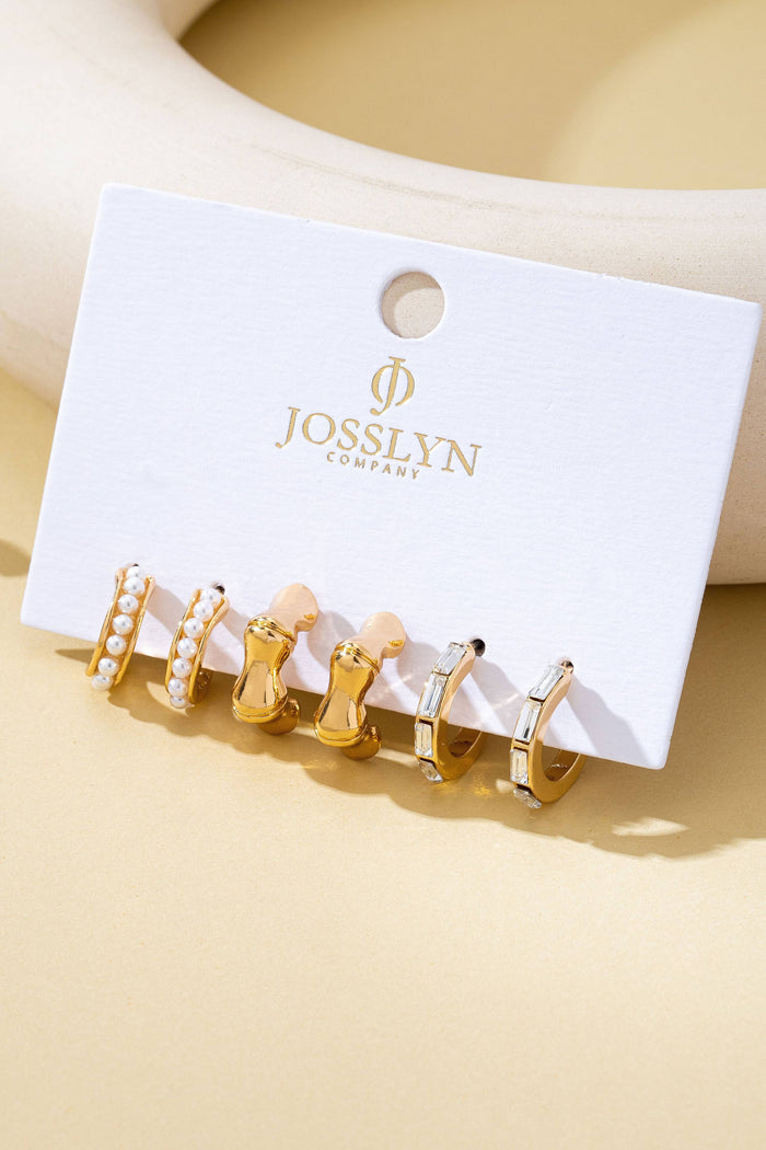 Pearl Rhinestone Multi Hoop Trio Earrings GOLD