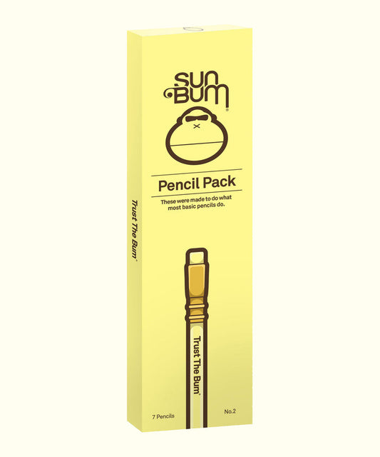Yellow box of seven No.2 pencils labeled "Sun Bum Pencil Pack" for sketching, scribbling, and drawing. Sun Bum.