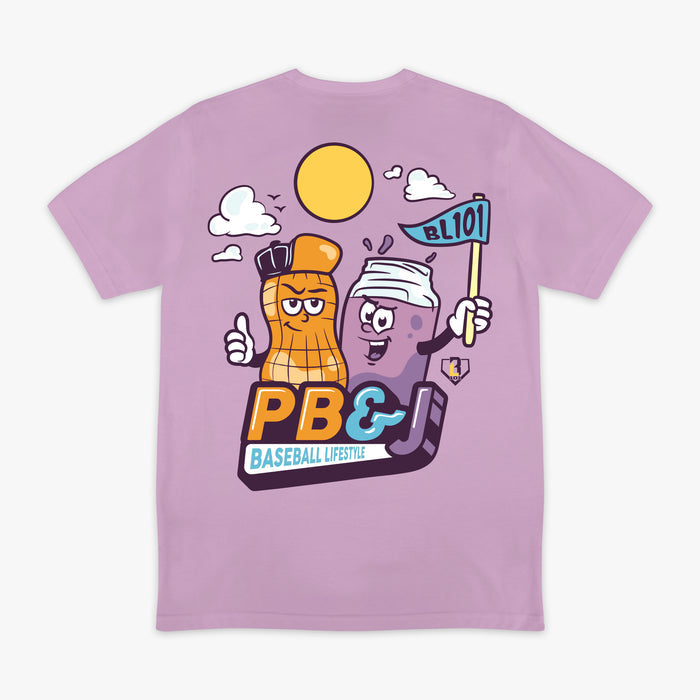 Back flat lay of the BL101 PB&J Baseball Lifestyle tee in purple, featuring a cartoon peanut and jelly jar mascot graphic on a white background.