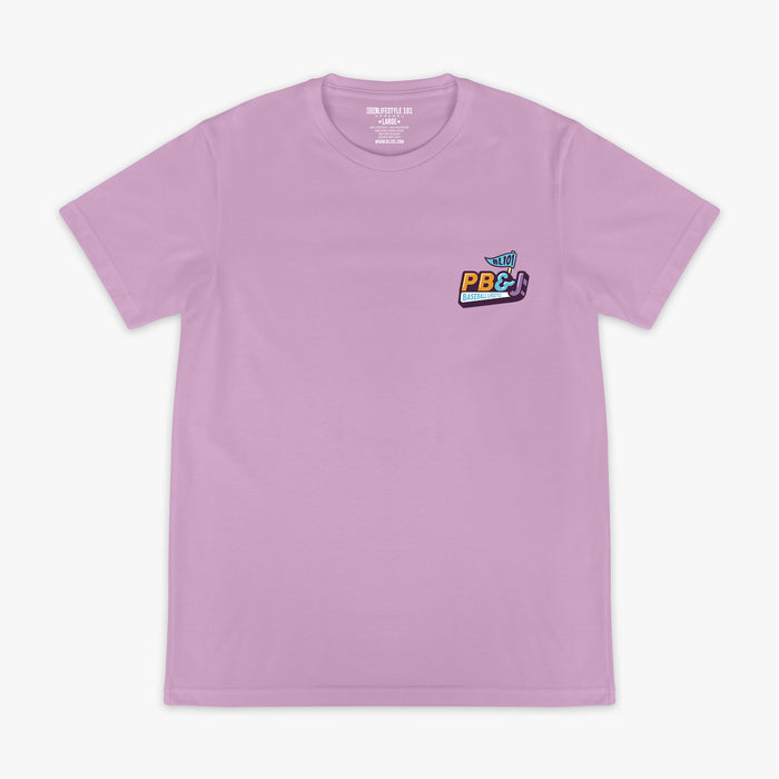 Front flat lay of the BL101 PB&J Baseball Lifestyle tee in purple, showing the chest logo on a white background.