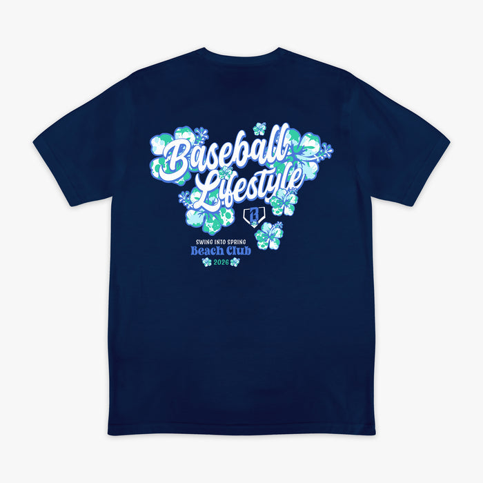 Navy blue t-shirt with 'Baseball Lifestyle' text and flower design on a white background