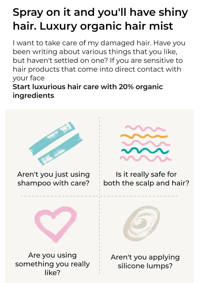 Advertisement for a luxury organic hair mist with text and product icons on a white background.