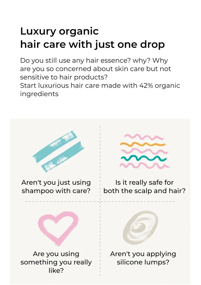 Promotional graphic for luxury organic hair care with text and icons on a white background