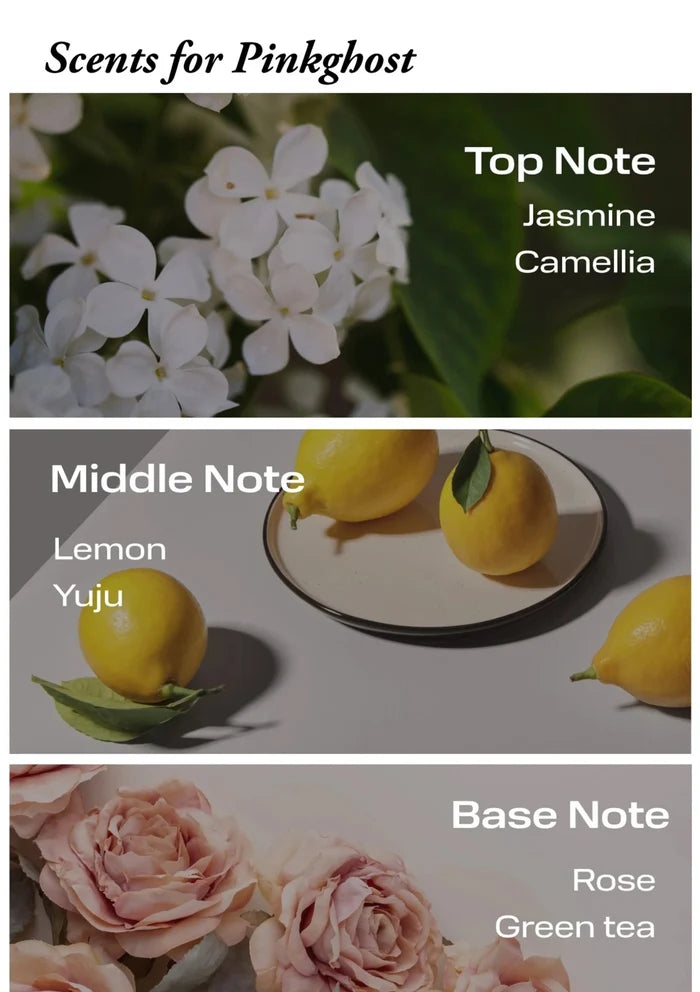Scents for Pinkghost with images of flowers and fruits labeled as top, middle, and base notes.