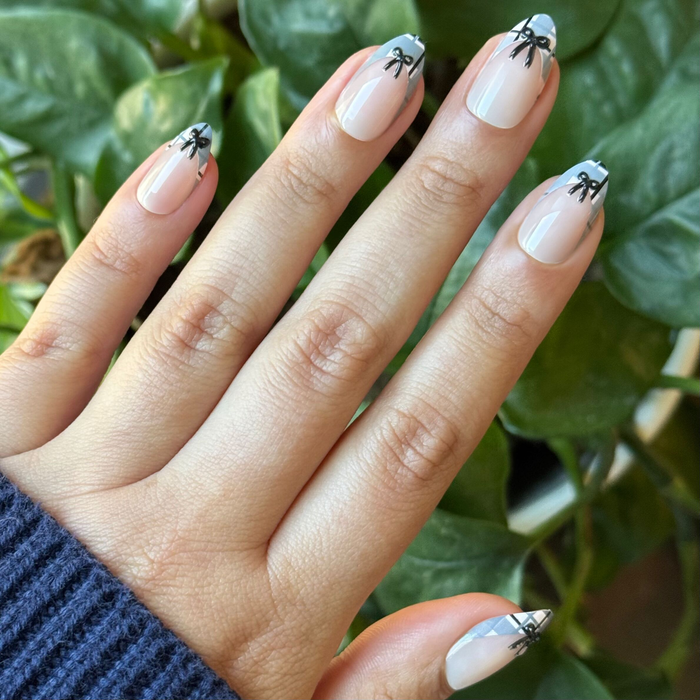 Plaid Print with Bows French - Press-On | Medium | Almond neutral nails with grey plaid tips and delicate black bow accents for easy mani