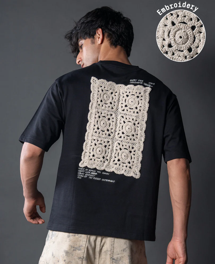 Powerlook Black Crochet Patch Embroidered Cotton T-Shirt