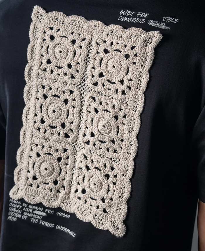 Powerlook Black Crochet Patch Embroidered Cotton T-Shirt