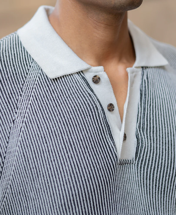 Powerlook Black & White Striped Knit Cotton T-Shirt