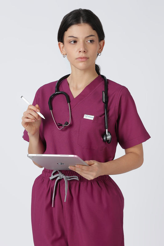 Prime – Women's V-Neck Scrub - 7 Pocket - Wine Berry