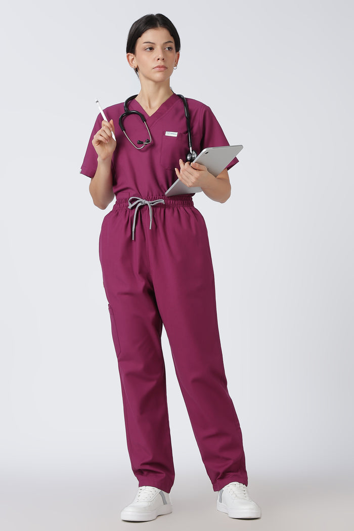 Prime – Women's V-Neck Scrub - 7 Pocket - Wine Berry
