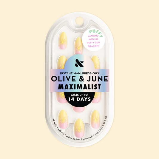 Puffy Sun Gradient - Press On | Medium | Almond featuring yellow and pink nails with puffy sun design in almond shape