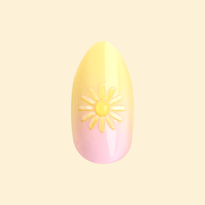 Puffy Sun Gradient - Press On | Medium | Almond false nail with yellow to pink gradient and raised sun design manicure option