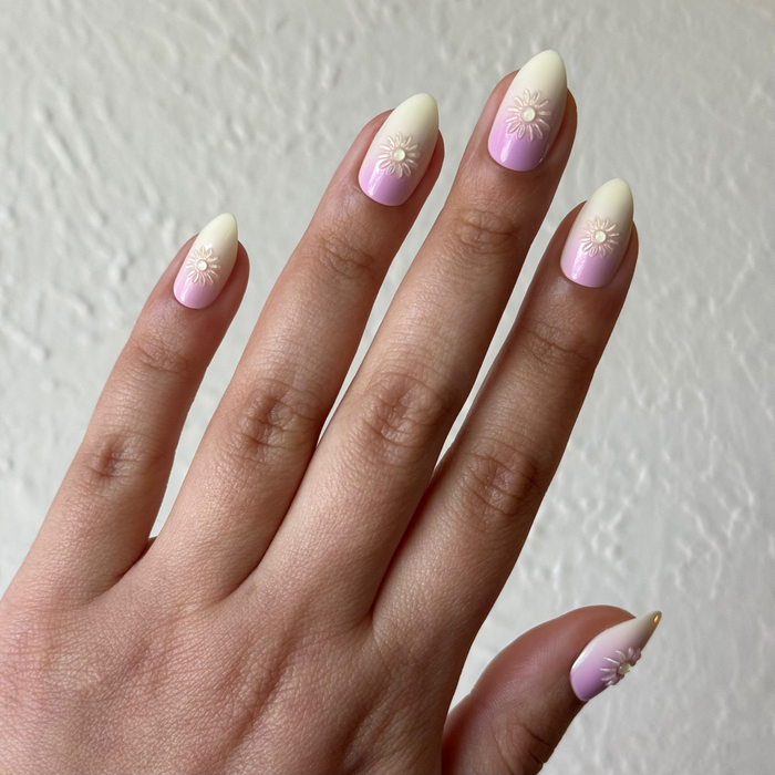 Puffy Sun Gradient - Press On | Medium | Almond with soft pink to white gradient and raised sun design on nails
