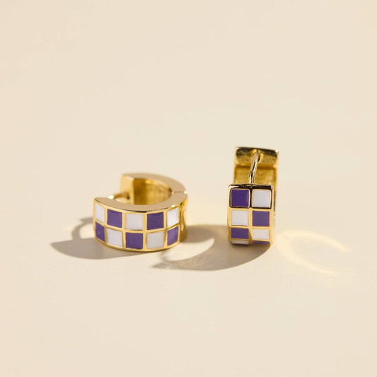 Purple & White Checkered Enamel Huggies