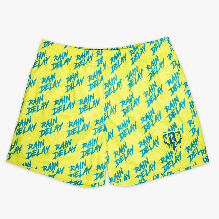 Yellow and blue Rain Delay youth shorts — front view