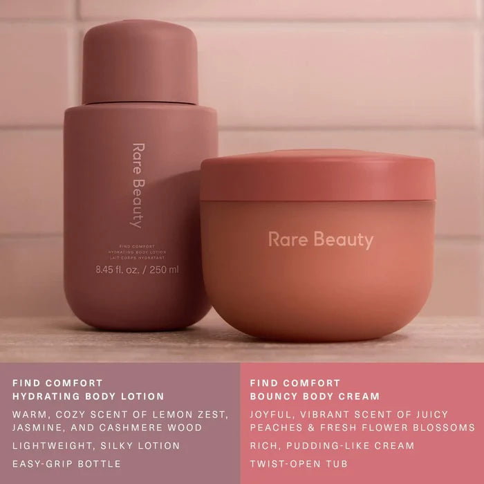 Rare Beauty Find Comfort Bouncy Body Cream with hyaluronic acid, showcasing smooth, hydrated skin in a sleek container.