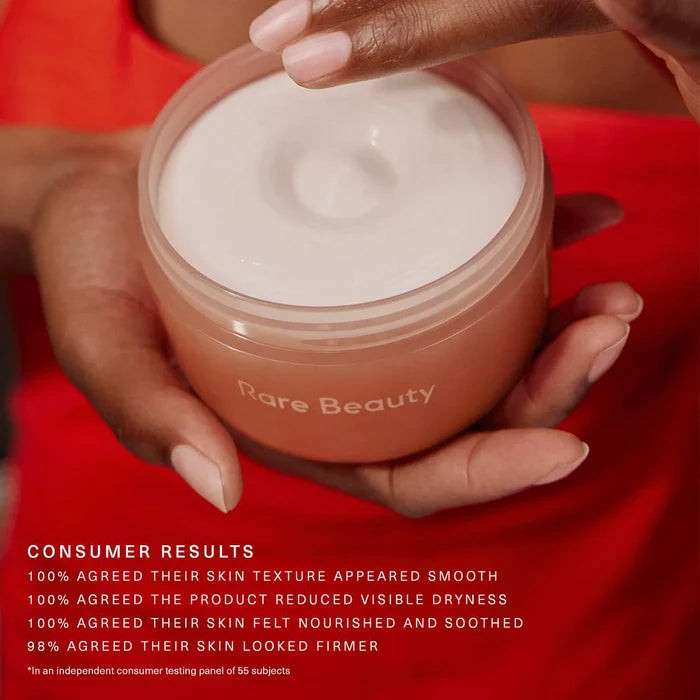 Rare Beauty Find Comfort Bouncy Body Cream with Hyaluronic Acid, showing the jar with soft pink packaging and product label.
