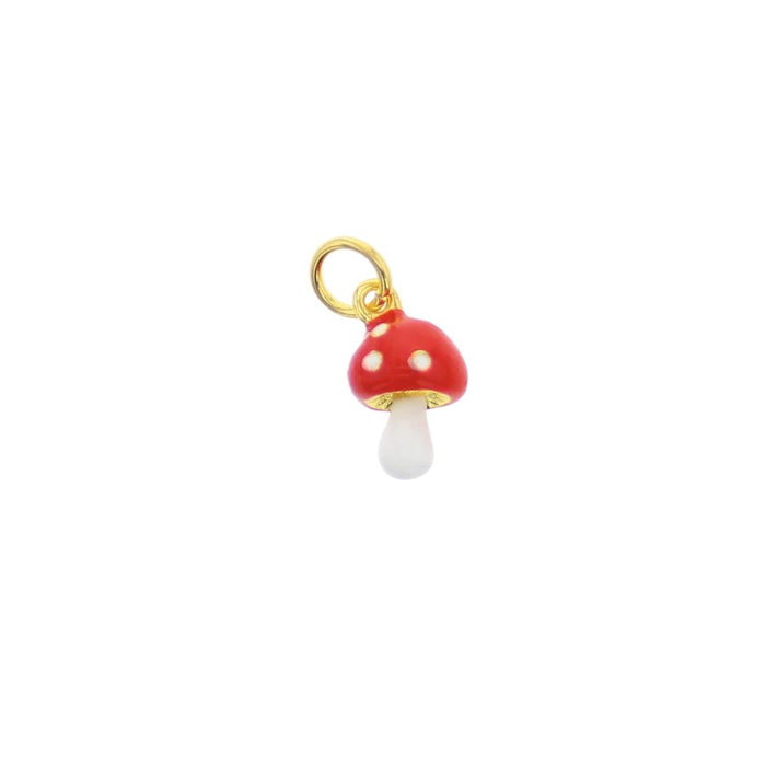 Red mushroom charm with gold loop, white polka dots on cap, and white stem