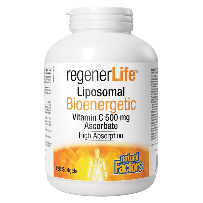Bottle of Natural Factors RegenerLife Liposomal Bioenergetic Vitamin C 500mg Ascorbate 120 Softgels