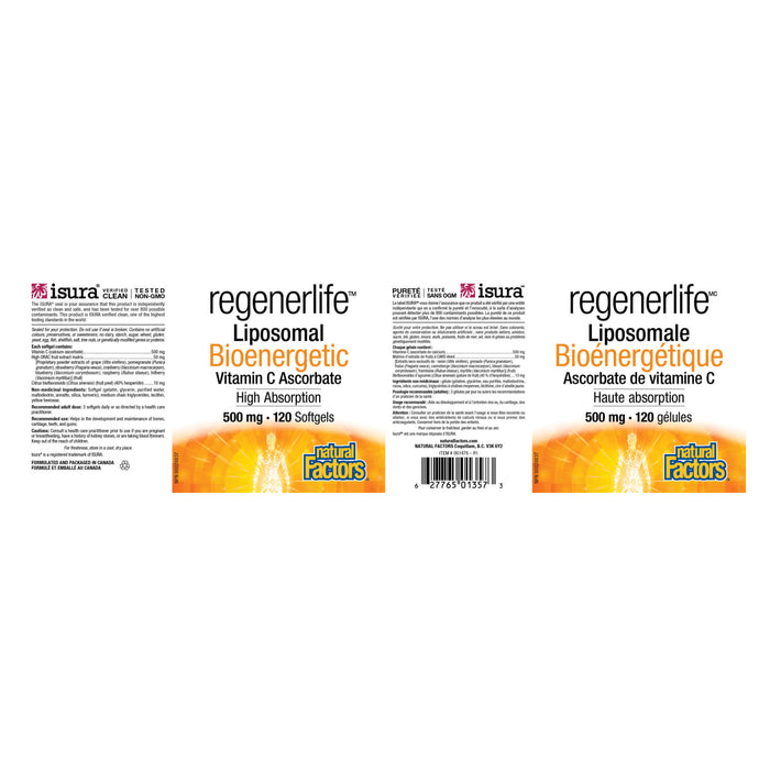Natural Factors RegenerLife Liposomal Bioenergetic Vitamin C Ascorbate 500 mg Label
