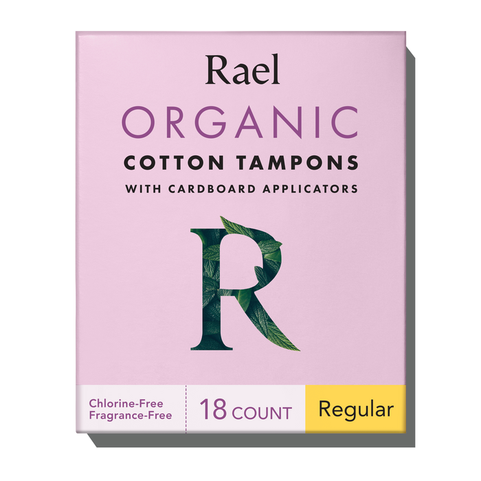 Packaging of Rael Organic Cotton Tampons with cardboard applicators. The box is pink with green leaves and the product information is clearly displayed.