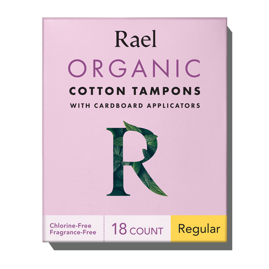 Packaging of Rael Organic Cotton Tampons with cardboard applicators. The box is pink with green leaves and the product information is clearly displayed.
